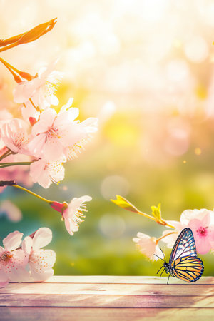 Spring background with empty wooden table. Wooden table in spring blooming cherry orchard with butterflies. Natural template for product display with cherry blossoms bokeh and sunlightの素材