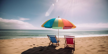 Beautiful beach banner. Amazing beach landscape. White sand, chairs and umbrella travel tourism wide panorama background conceptの素材