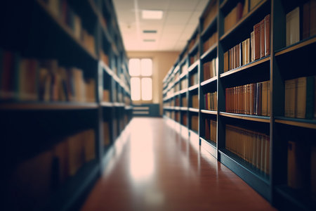 Blurred public library interior space. Defocused bookshelves with books - vintage tone. Learning and education concept backgroundの写真素材
