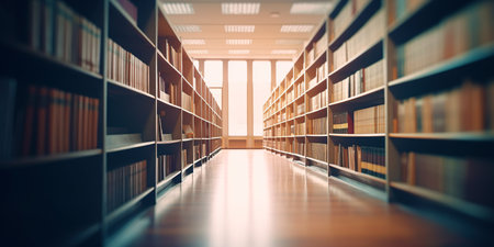 Blurred public library interior space. Defocused bookshelves with books - vintage tone. Learning and education concept backgroundの写真素材