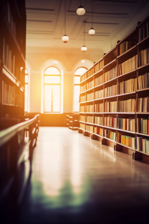 Blurred public library interior space. Defocused bookshelves with books - vintage tone. Learning and education concept backgroundの素材