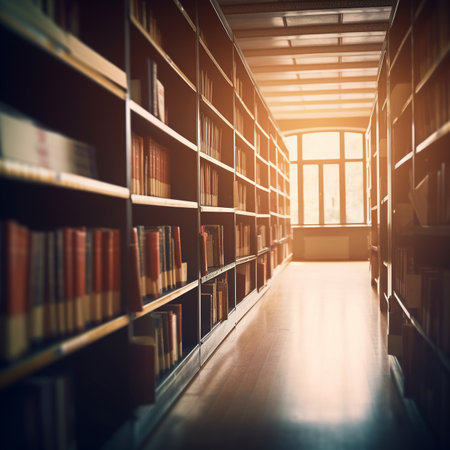 Blurred public library interior space. Defocused bookshelves with books - vintage tone. Learning and education concept backgroundの素材