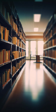 Blurred public library interior space. Defocused bookshelves with books - vintage tone. Learning and education concept backgroundの素材
