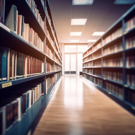 Blurred public library interior space. Defocused bookshelves with books - vintage tone. Learning and education concept backgroundの素材