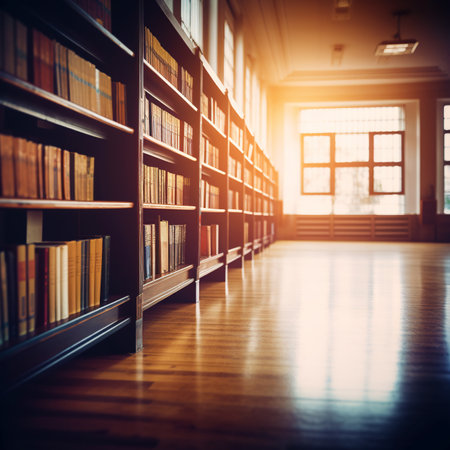 Blurred public library interior space. Defocused bookshelves with books - vintage tone. Learning and education concept backgroundの素材