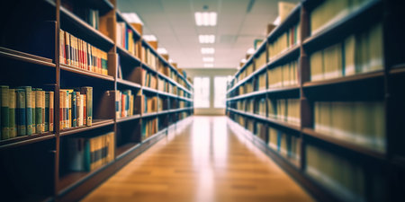 Blurred public library interior space. Defocused bookshelves with books - vintage tone. Learning and education concept backgroundの素材