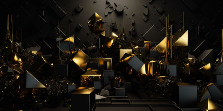 3D abstract wallpaper. Three-dimensional dark golden and black background. golden wallpaper. Black and gold backgroundの写真素材