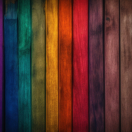 Rainbow wooden planks background. Colorful wooden texture. Wood plank background. Rainbow wood textureの写真素材