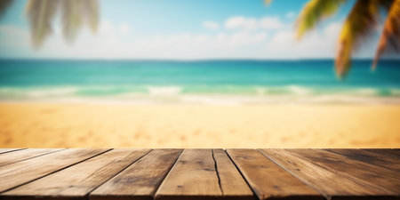 Summer holiday background for product display. Empty wooden table on a beautiful blured tropical...