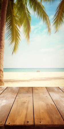 Summer holiday background for product display. Empty wooden table on a beautiful blured tropical beach backgroundの写真素材