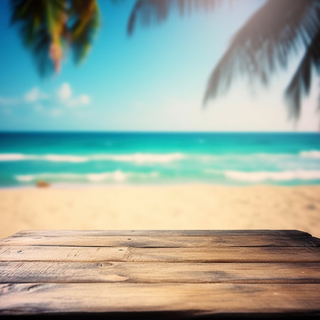 Summer holiday background for product display. Empty wooden table on a beautiful blured tropical beach backgroundの素材