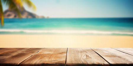 Summer holiday background for product display. Empty wooden table on a beautiful blured tropical beach backgroundの素材