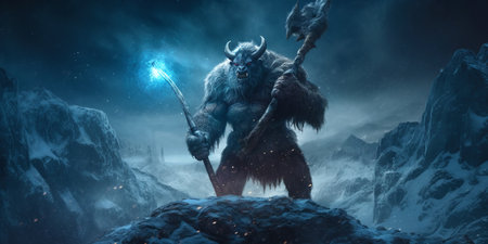 Brutal looking orc warrior. Goblin warlord in a snowy landscape. Troll warrior in the winter...