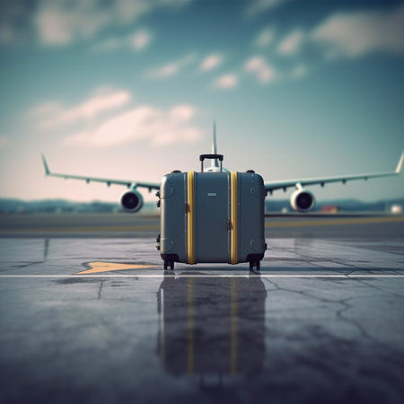 A suitcase on a runway with blurred airplane in the background. Travel background. Business travel conceptの写真素材
