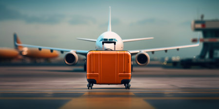 A suitcase on a runway with blurred airplane in the background. Travel background. Business travel conceptの写真素材