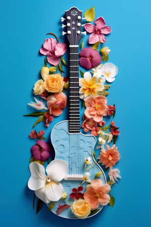 Guitar made of flowers and orchids. Romantic music background. Generative ai. Guitar and flowers - music posterの素材
