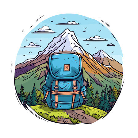 Hiking backpack. Hiking backpack hand-drawn comic illustration. Vector doodle style cartoon illustrationのイラスト素材
