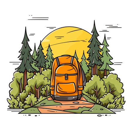 Hiking backpack. Hiking backpack hand-drawn comic illustration. Vector doodle style cartoon illustrationのイラスト素材