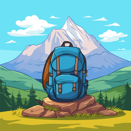 Hiking backpack. Hiking backpack hand-drawn comic illustration. Vector doodle style cartoon illustrationのイラスト素材