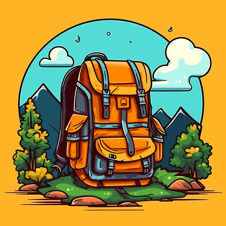 Hiking backpack. Hiking backpack hand-drawn comic illustration. Vector doodle style cartoon illustrationのイラスト素材
