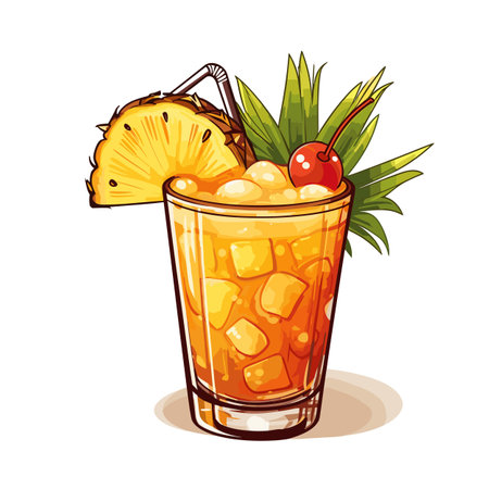Mai Tai. Mai Tai cocktail hand-drawn comic illustration. Vector doodle style cartoon illustrationのイラスト素材