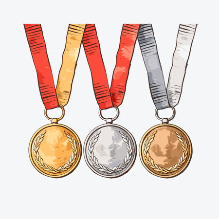 Medals. Golden silver bronze madal hand-drawn comic illustration. Vector doodle style cartoon illustrationのイラスト素材