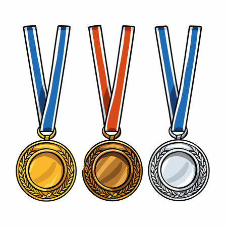 Medals. Golden silver bronze madal hand-drawn comic illustration. Vector doodle style cartoon illustrationのイラスト素材