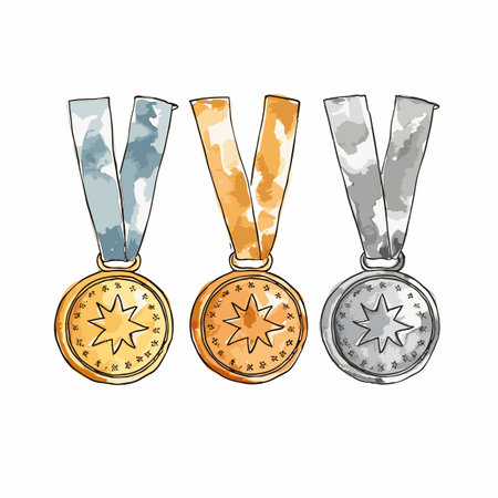 Medals. Golden silver bronze madal hand-drawn comic illustration. Vector doodle style cartoon illustrationのイラスト素材