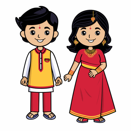 Indian couple. Indian couple hand-drawn comic illustration. Vector doodle style cartoon illustrationのイラスト素材