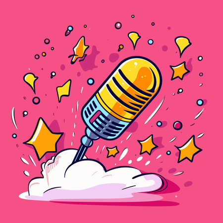 Microphone. Microphone hand-drawn comic illustration. Vector doodle style cartoon illustrationのイラスト素材