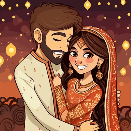 Indian couple. Indian couple hand-drawn comic illustration. Vector doodle style cartoon illustrationのイラスト素材