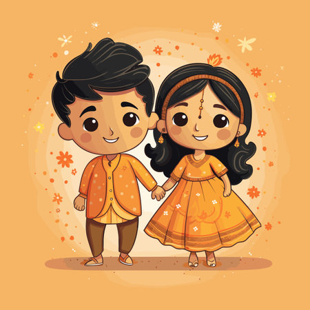 Indian couple. Indian couple hand-drawn comic illustration. Vector doodle style cartoon illustrationのイラスト素材