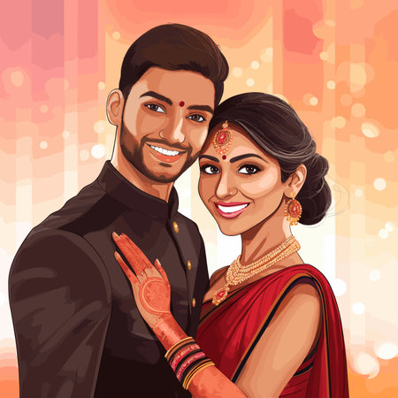 Indian couple. Indian couple hand-drawn comic illustration. Vector doodle style cartoon illustrationのイラスト素材