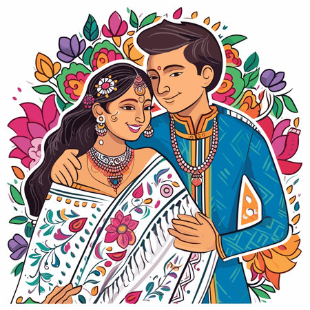 Indian couple. Indian couple hand-drawn comic illustration. Vector doodle style cartoon illustrationのイラスト素材
