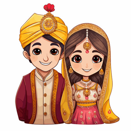 Indian couple. Indian couple hand-drawn comic illustration. Vector doodle style cartoon illustrationのイラスト素材