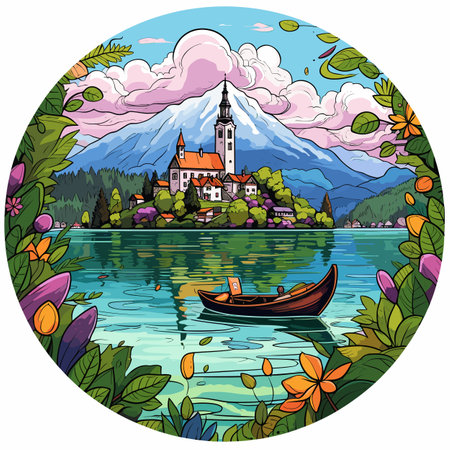 Lake Bled. Lake Bled hand-drawn comic illustration. Vector doodle style cartoon illustrationのイラスト素材