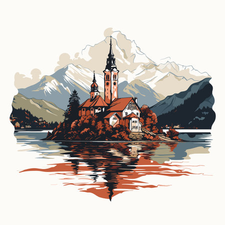 Lake Bled. Lake Bled hand-drawn comic illustration. Vector doodle style cartoon illustrationのイラスト素材