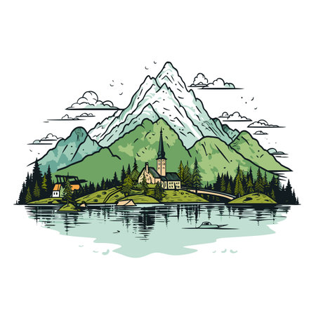 Lake Bled. Lake Bled hand-drawn comic illustration. Vector doodle style cartoon illustrationのイラスト素材