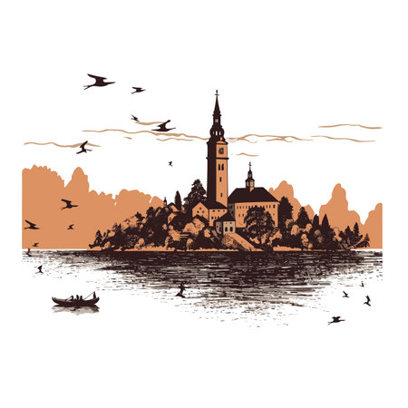 Lake Bled. Lake Bled hand-drawn comic illustration. Vector doodle style cartoon illustrationのイラスト素材