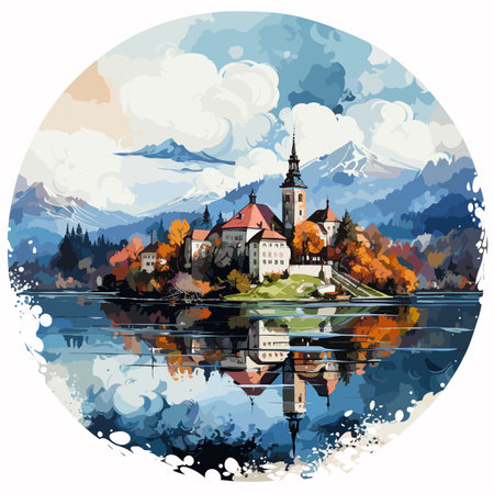 Lake Bled. Lake Bled hand-drawn comic illustration. Vector doodle style cartoon illustrationのイラスト素材