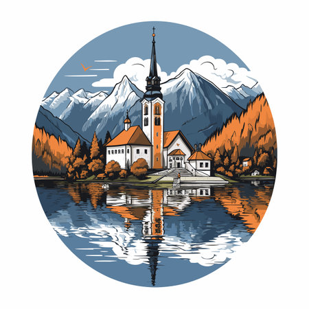 Lake Bled. Lake Bled hand-drawn comic illustration. Vector doodle style cartoon illustrationのイラスト素材