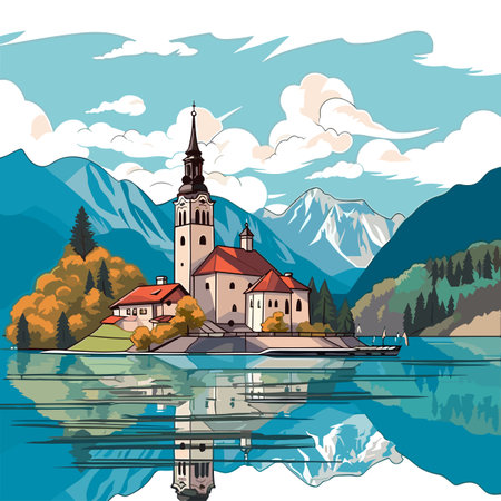 Lake Bled. Lake Bled hand-drawn comic illustration. Vector doodle style cartoon illustrationのイラスト素材