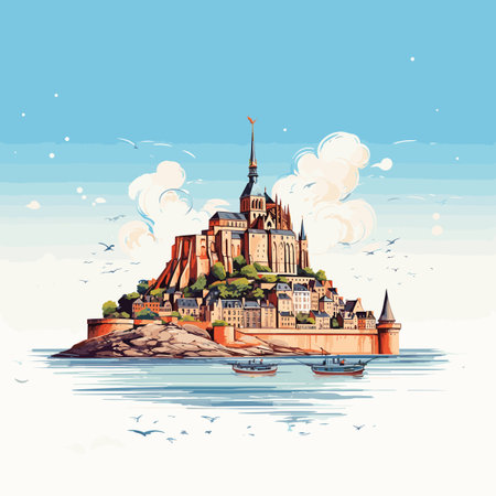 Mont Saint Michel. Mont Saint-Michel hand-drawn comic illustration. Vector doodle style cartoon illustrationのイラスト素材