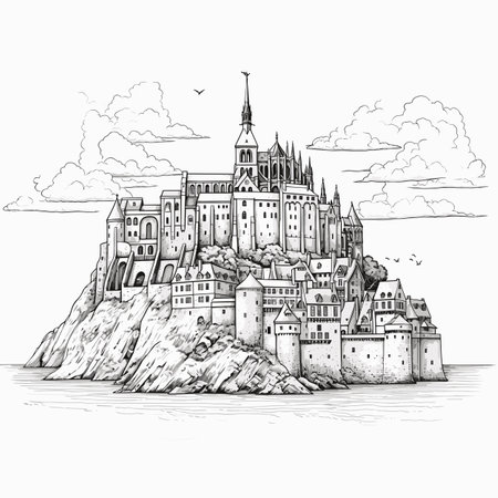 Mont Saint Michel. Mont Saint-Michel hand-drawn comic illustration. Vector doodle style cartoon illustrationのイラスト素材