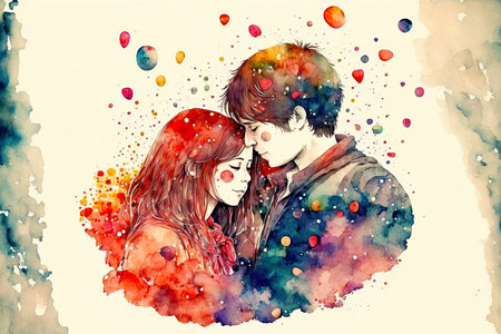 Young love. Watercolor illustration of kissing and hugging couple surrounded by hearts. Romantic date. Valentine's day card. ai generated. Couple in love hugging and kissing.の素材