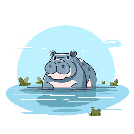 Hippo hand-drawn comic illustration. Hippopotamus. Cute vector doodle style cartoon illustrationのイラスト素材