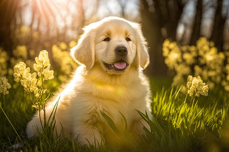 Golden retriever puppy. Spring dog portrait. Portrait of a golden retriever dogの素材