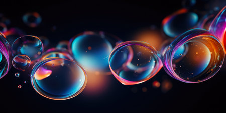 Soap holographic bubble background. Iridescent liquid melted glass wallpaper. 3d abstract dark luxury fluorescent backgroundの素材