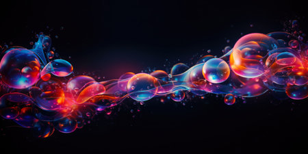 Soap holographic bubble background. Iridescent liquid melted glass wallpaper. 3d abstract dark luxury fluorescent backgroundの素材