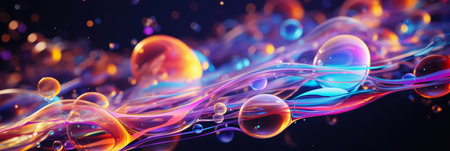 Soap holographic bubble background. Iridescent liquid melted glass wallpaper. 3d abstract dark luxury fluorescent backgroundの写真素材